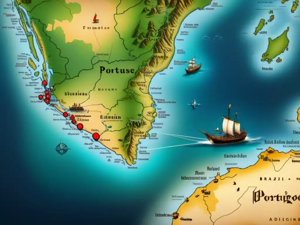 Mapa detallado de la histórica travesía de los exploradores portugueses a Brasil, con ilustraciones de barcos, indígenas y anotaciones en caligrafía