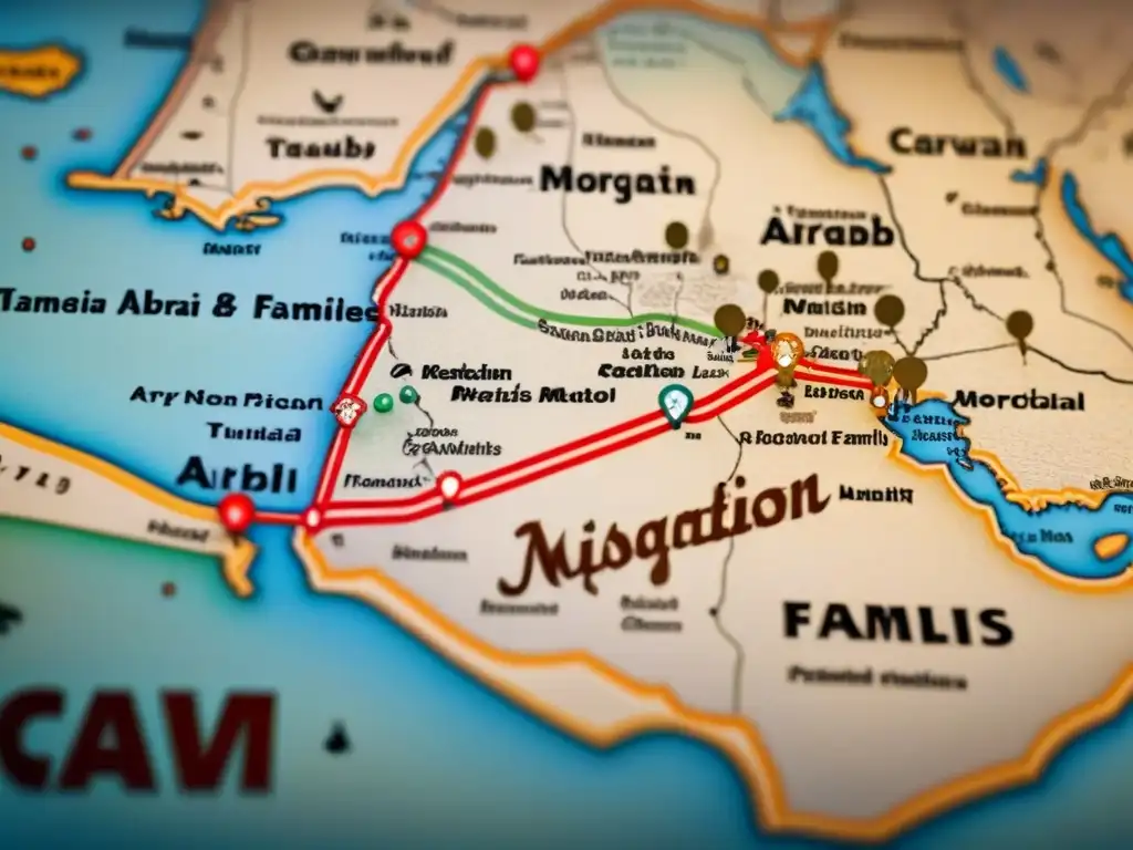 Mapa detallado de la migración histórica de familias árabes, con escritura antigua y tonos sepia