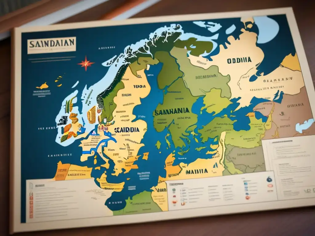 Un mapa detallado de Escandinavia con ilustraciones de dioses nórdicos como Odin, Thor y Freyja