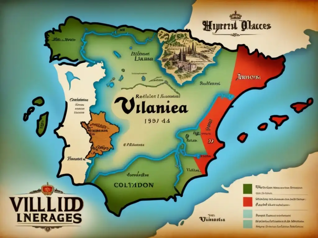 Mapa detallado con ilustraciones históricas en Villanueva, Valencia y Valladolid