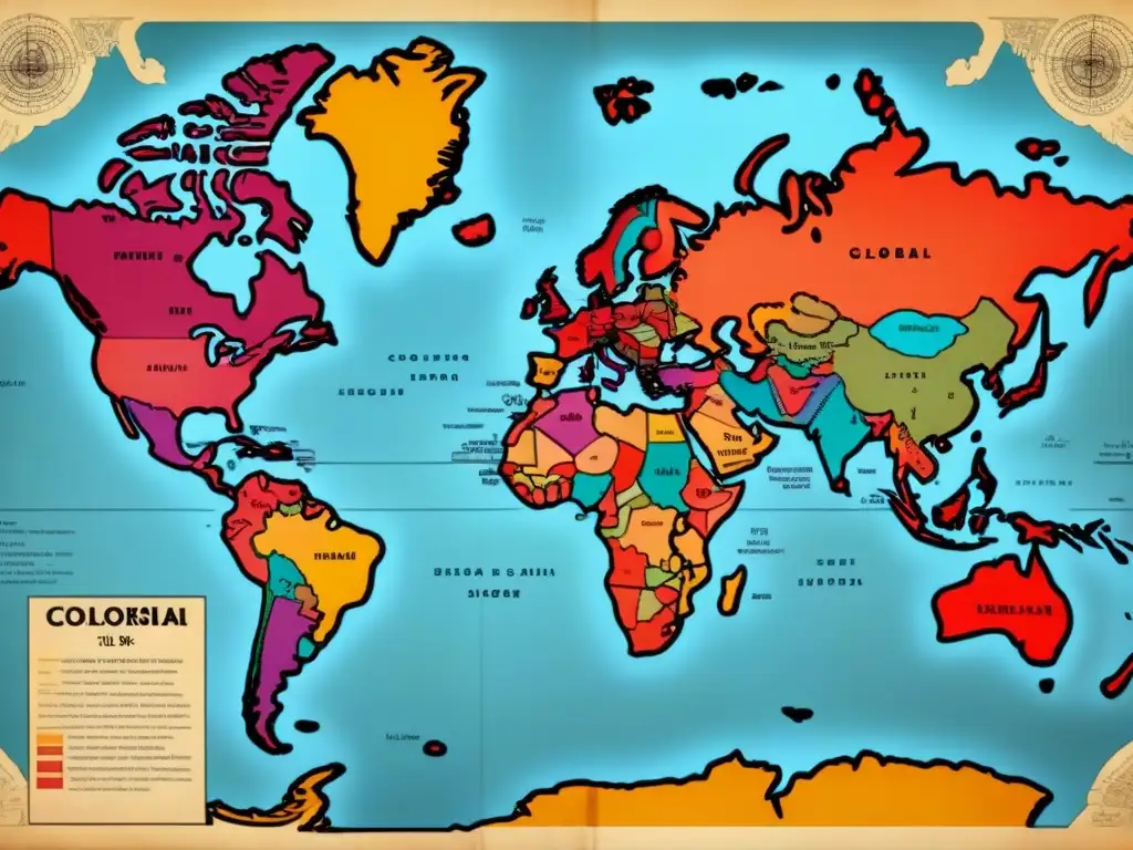 Mapa detallado del impacto global del colonialismo en apellidos siglo XX, con ilustraciones de barcos y rutas comerciales en pergamino envejecido