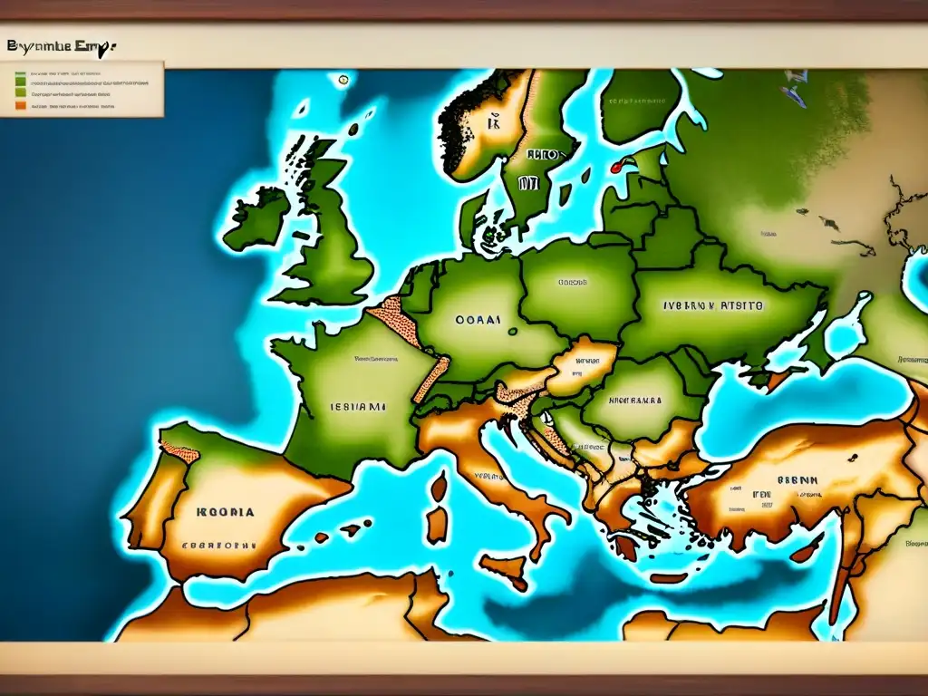 Mapa detallado del Imperio Bizantino con fronteras, ciudades y rutas comerciales sobre pergamino envejecido