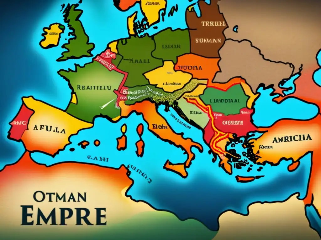 Mapa detallado del Imperio Otomano en su apogeo, con ciudades, rutas comerciales y caligrafía turca