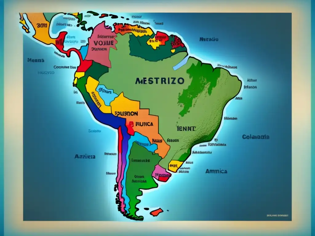 Mapa detallado de América Latina con apellidos mestizos destacando las influencias culturales