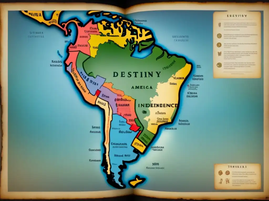 Mapa detallado de América Latina con figuras revolucionarias y batallas clave de las guerras de independencia