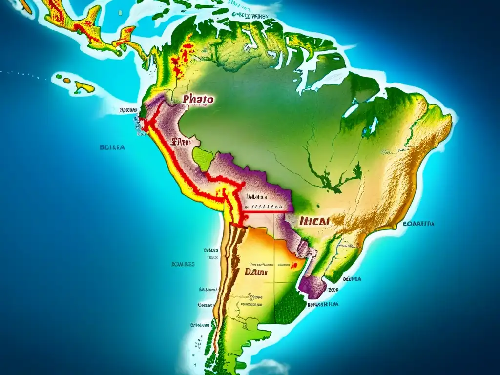 Un mapa detallado en 8k de América Latina, mostrando fronteras, ciudades y relieve