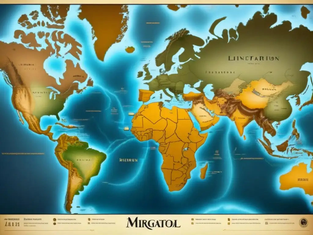 Mapa detallado de linajes genealógicos: rutas migratorias ancestrales en tonos sepia, con caligrafía elegante y fechas históricas