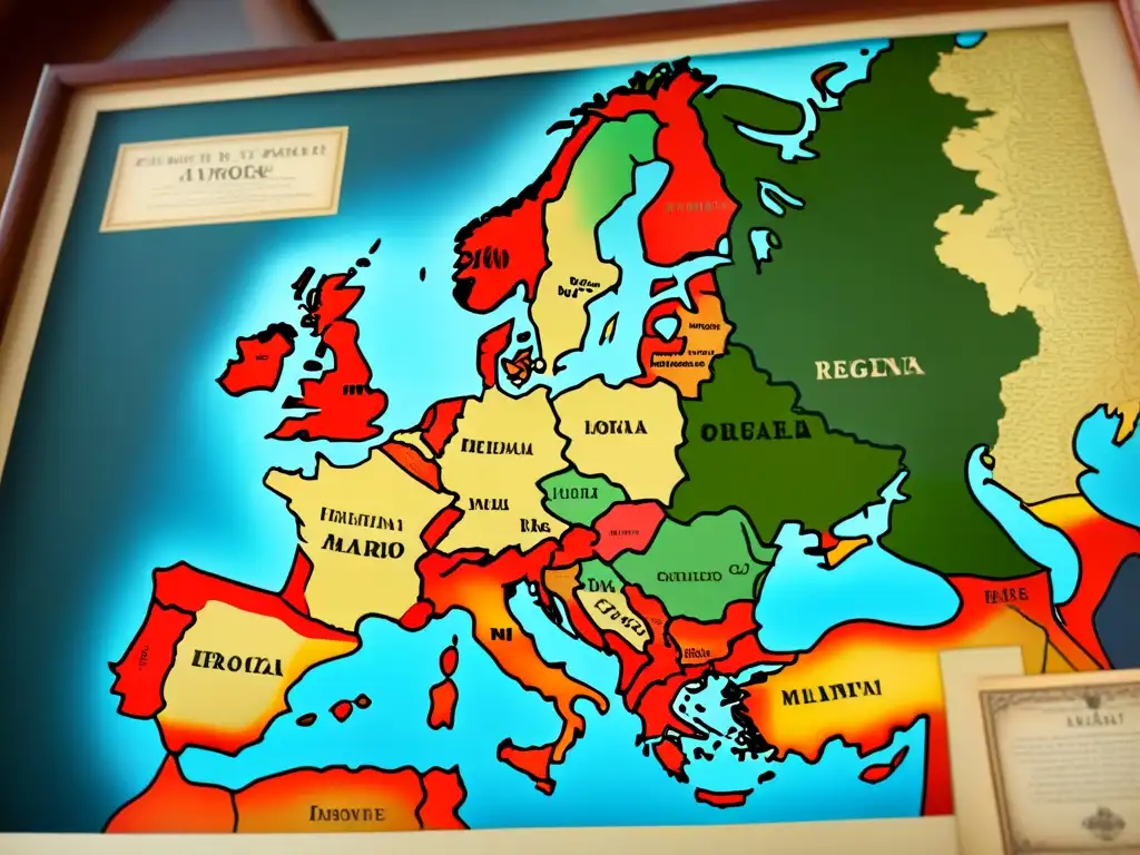 Mapa detallado de Europa con matrimonios reales y distribución de apellidos, en tonos terrosos y caligrafía intrincada