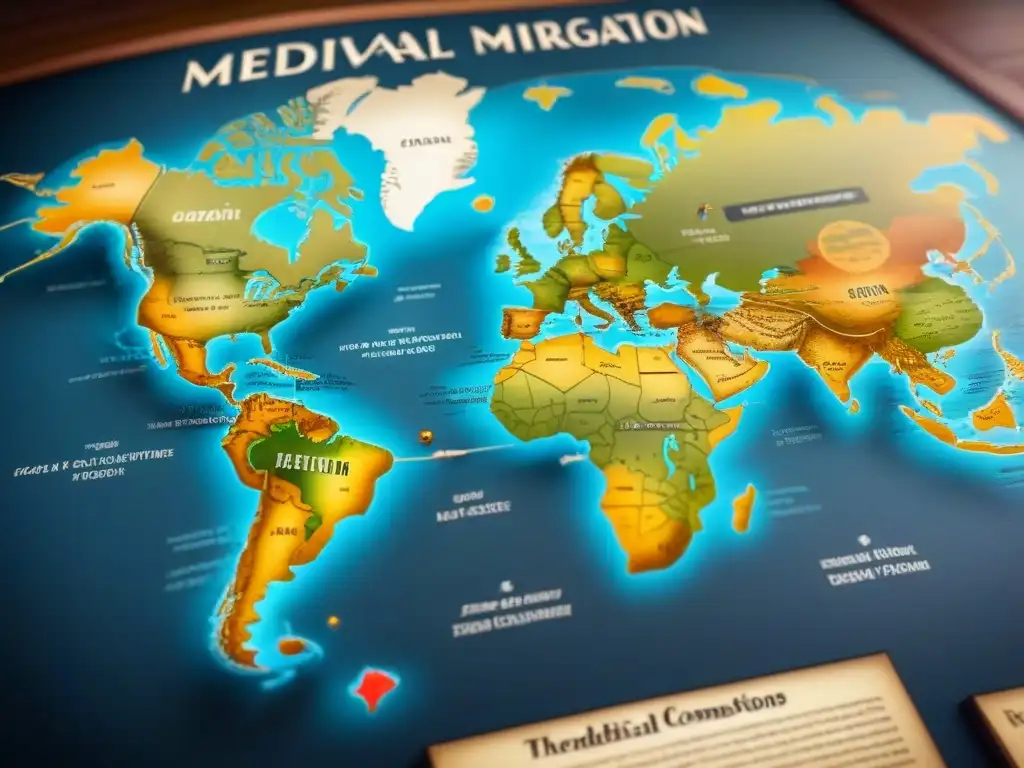 Mapa detallado de migración medieval con documentos históricos dispersos, mostrando historias de apellidos a lo largo del tiempo