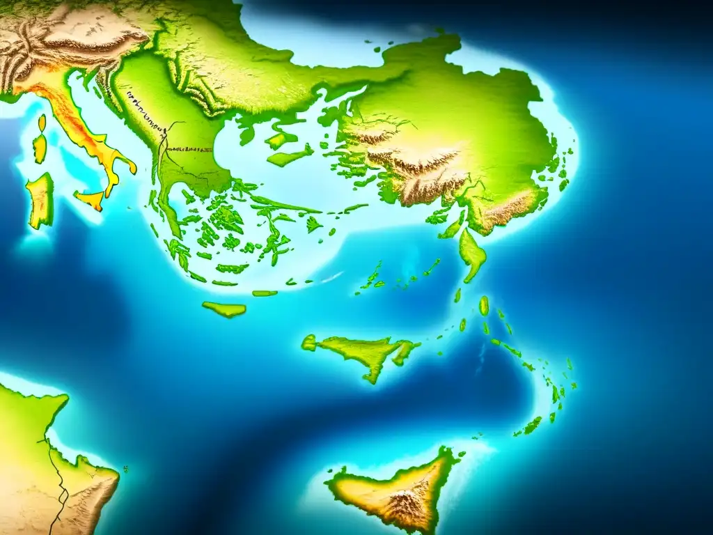 Mapa detallado del Mediterráneo con asentamientos y rutas griegas antiguas, barcos, templos y criaturas míticas