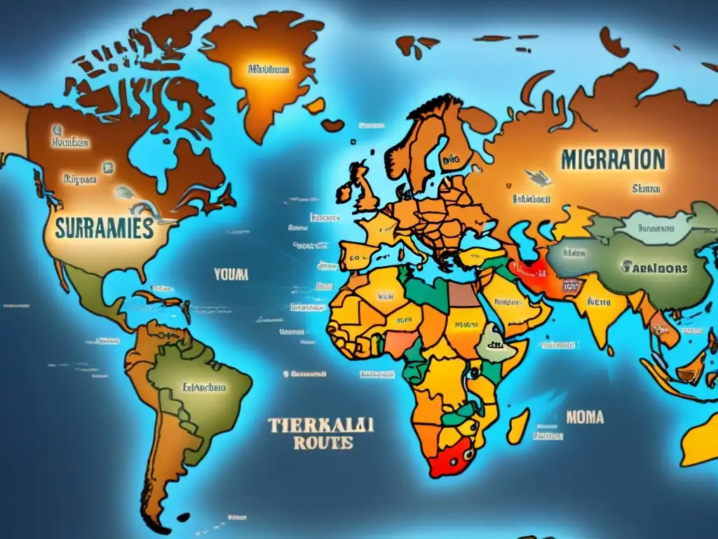 Mapa detallado de migración de apellidos con R en tonos terrosos, rutas y transportes históricos