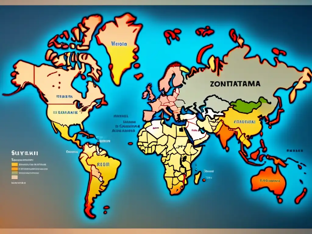 Mapa detallado de migración de apellidos con T en continentes, evocando historia y evolución cultural