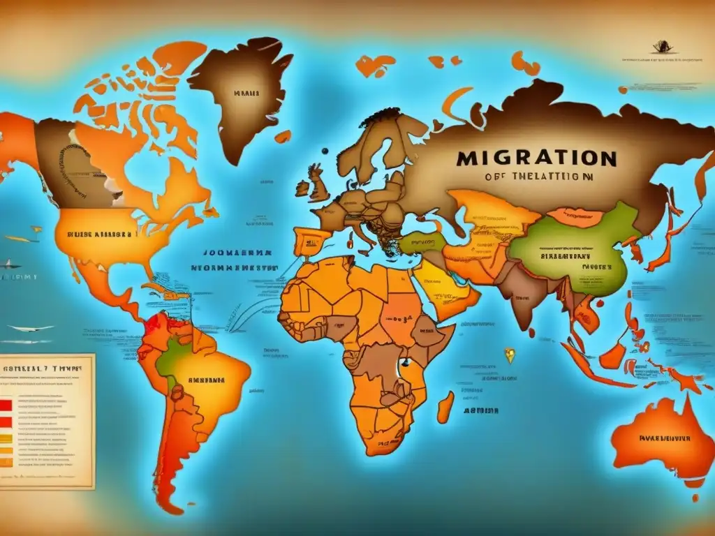 Mapa detallado de la migración de apellidos, resaltando el impacto cultural y la evolución lingüística a través de continentes