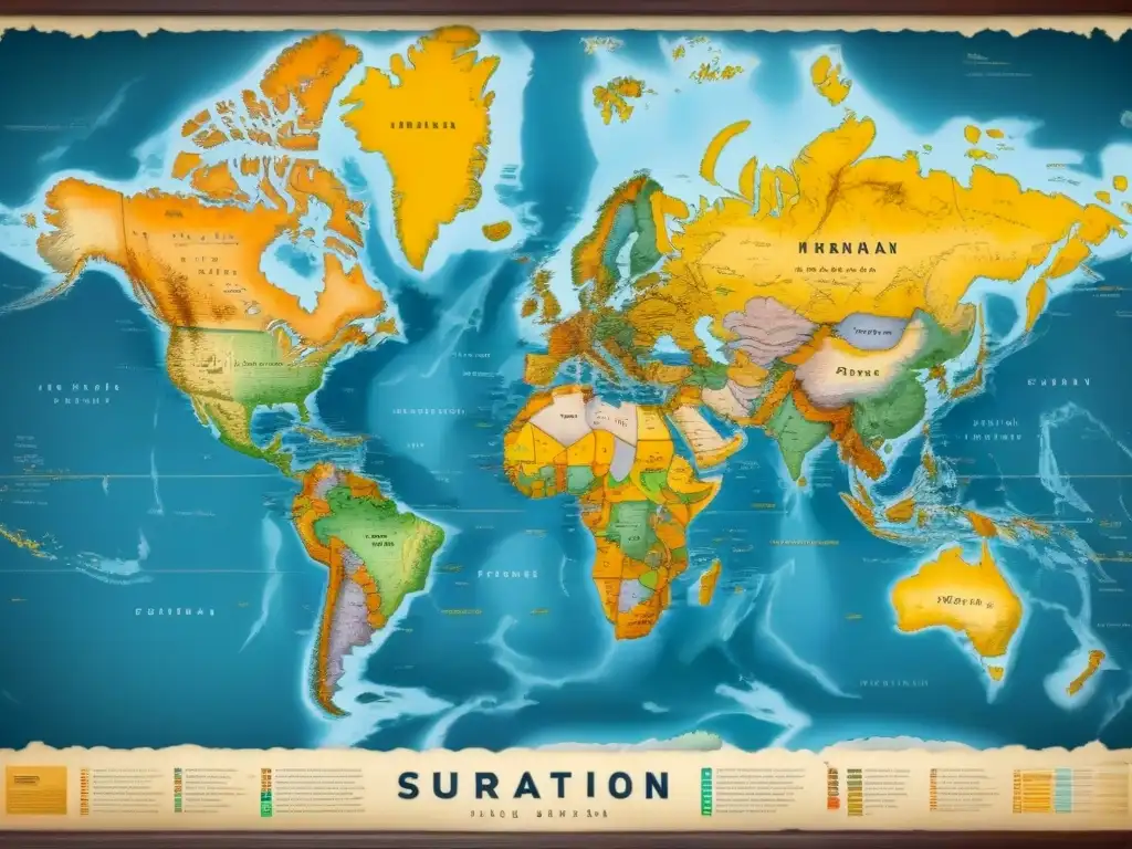 Mapa detallado de migración de apellidos con ilustraciones de barcos, caravanas y huellas envejecidas