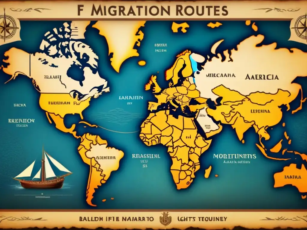 Mapa detallado de la migración de apellidos bálticos a América, con ilustraciones de barcos y símbolos culturales