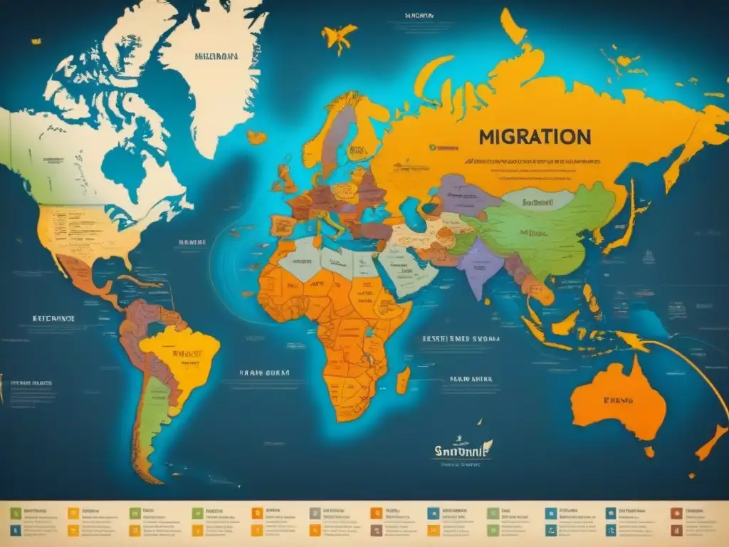 Mapa detallado de migración de apellidos por origen geográfico, con rutas intrincadas y símbolos culturales, destacando la influencia genealógica