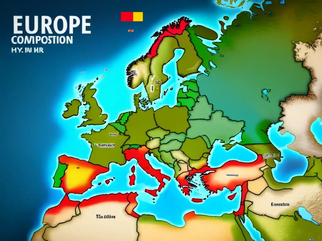 Mapa detallado de Europa con migración de apellidos influenciados, marcadores históricos y textura vintage