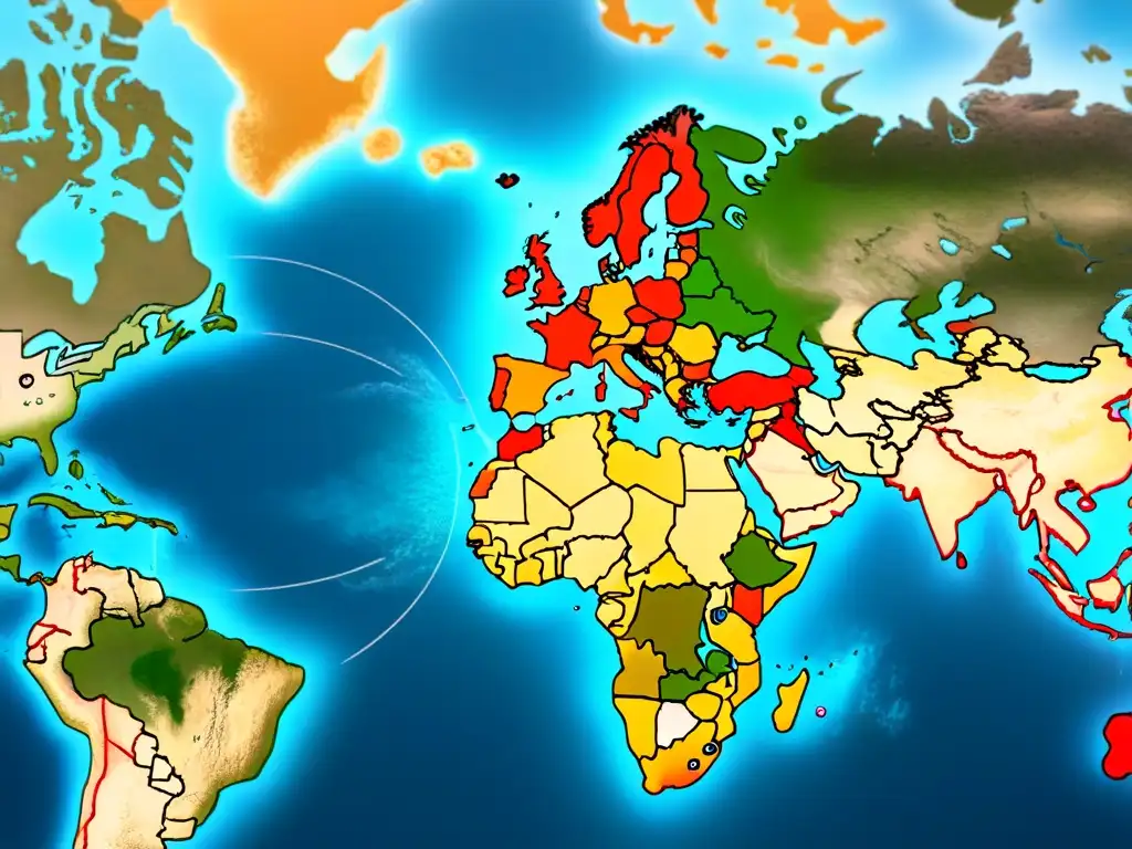 Mapa detallado de migración de apellidos con ilustraciones de barcos, trenes y huellas, historias apellidos migratorias adaptación