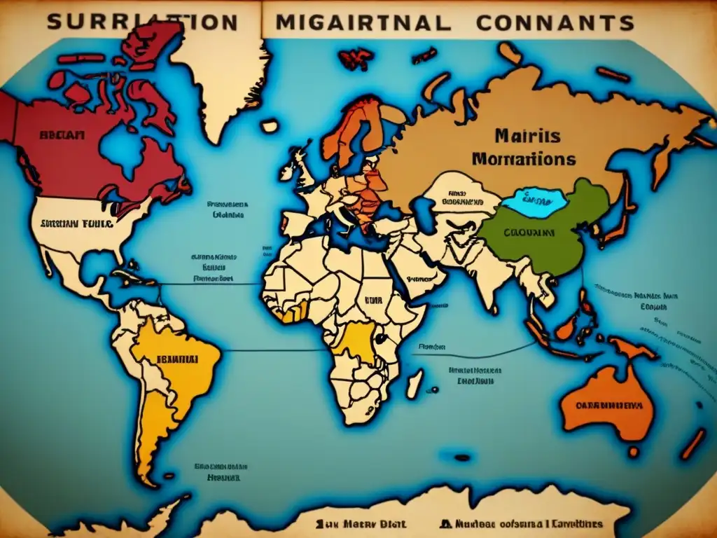 Mapa detallado de migración de apellidos: rutas con barcos, caravanas y huellas