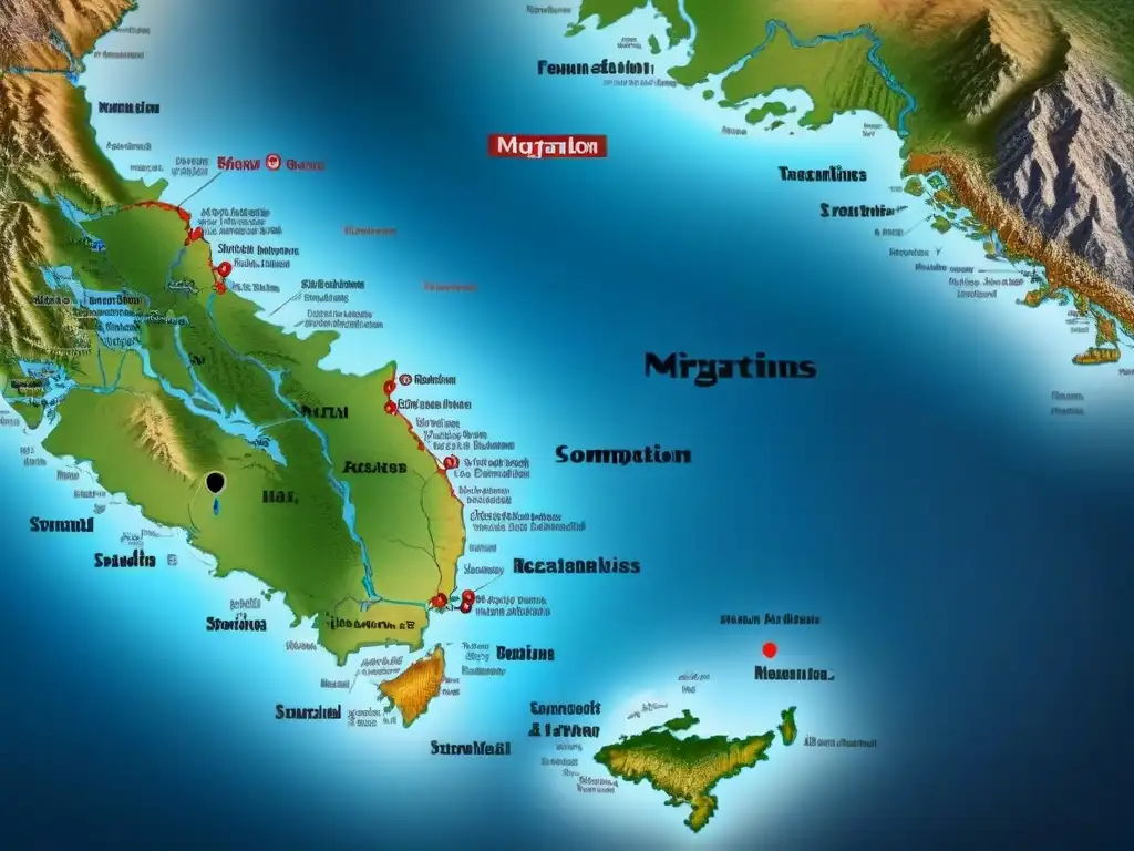 Mapa detallado de migración de apellidos a lo largo de siglos, con rutas y anotaciones, evocando historia apellidos migración lingüística