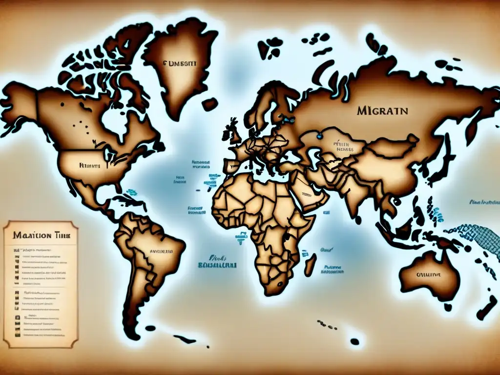 Mapa detallado de migración de apellidos a través de continentes, con tonos sepia y caligrafía delicada