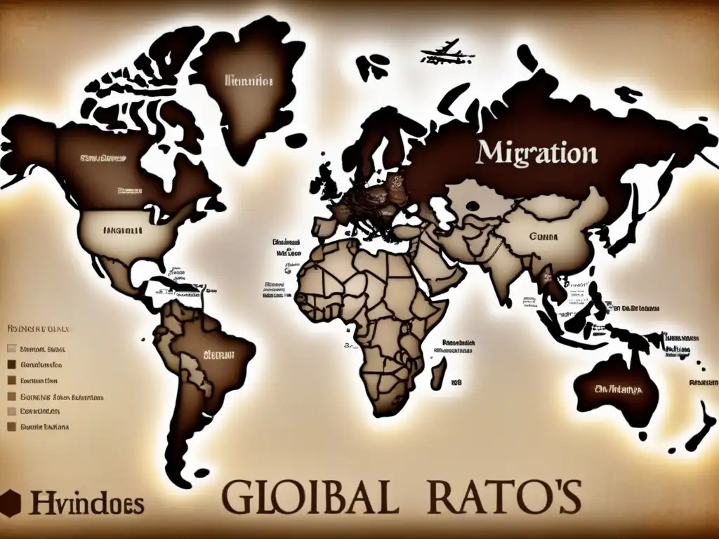 Mapa detallado de migración de apellidos con tonos sepia, rutas ancestrales y caligrafía antigua, evocando historia de apellidos y genealogía