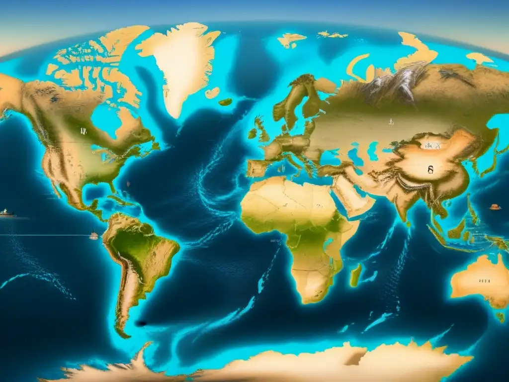 Mapa detallado de la migración de apellidos con G, con rutas por océanos y paisajes históricos