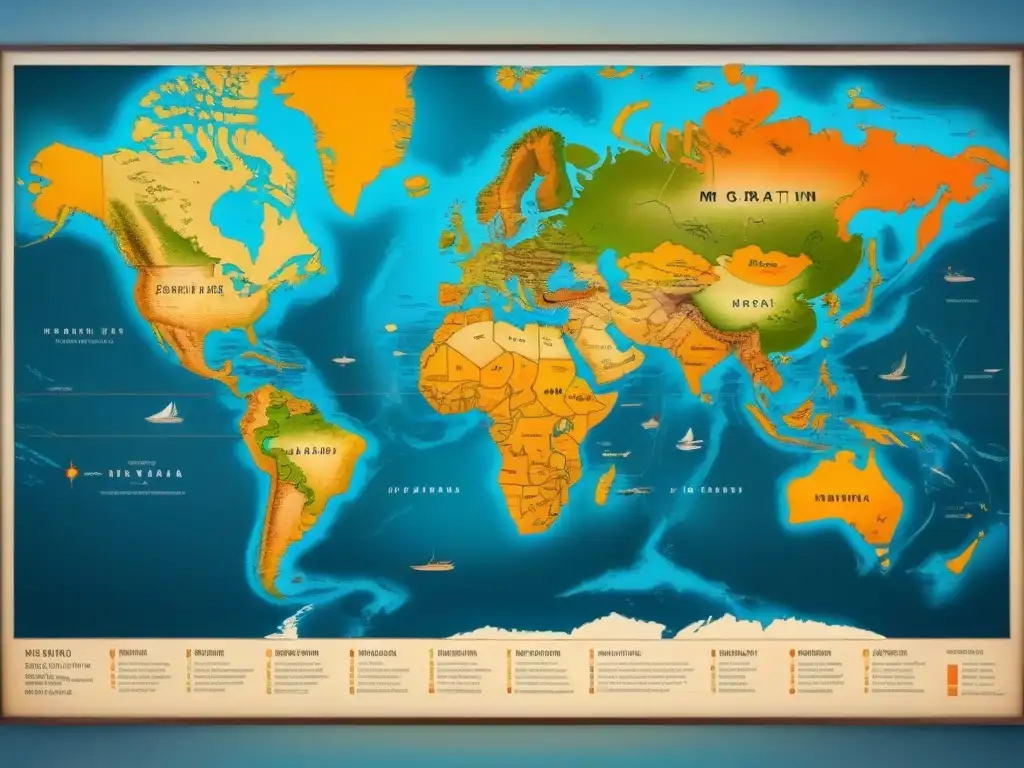 Mapa detallado de la migración de apellidos con 'M' a lo largo de la historia, con ilustraciones de barcos y brújulas