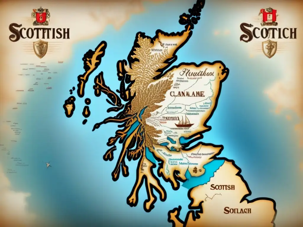 Mapa detallado de la migración de clanes escoceses a América, con tonos sepia y adornos históricos