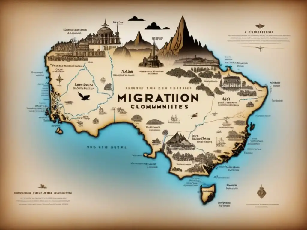 Mapa detallado de migración de comunidades indígenas en el siglo XX con símbolos tradicionales y formalización de apellidos indígenas