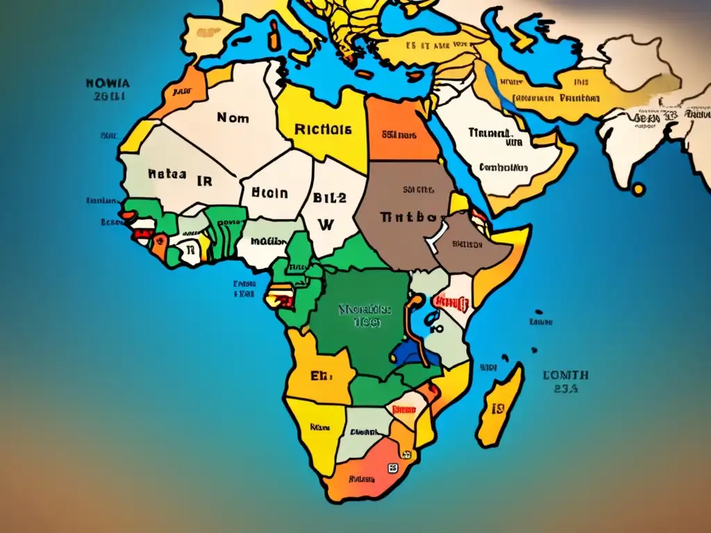 Mapa detallado de la migración de tribus nómadas en África con colores terrosos y caligrafía elaborada, rodeado de patrones africanos