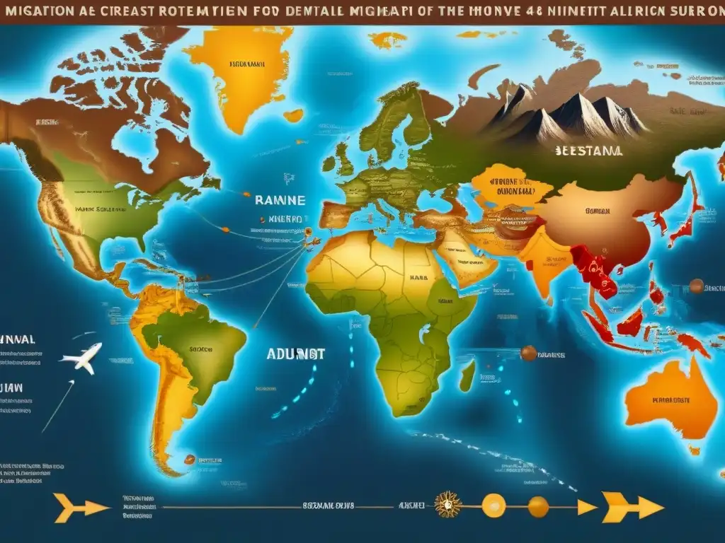 Mapa detallado de migraciones ancestrales con rutas y eventos históricos, en tonos terrosos