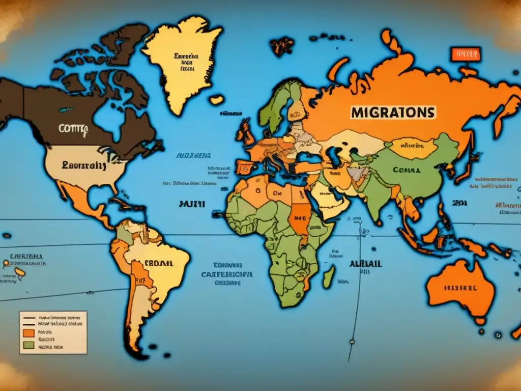 Mapa detallado de migraciones de apellidos en el siglo XX, con símbolos culturales y tonos sepia