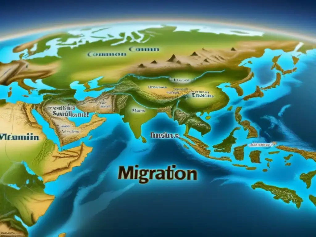 Un mapa detallado muestra las migraciones de apellidos comunes a lo largo de la historia, con ilustraciones detalladas de familias moviéndose por continentes, acompañadas de caligrafía que etiqueta los orígenes de cada apellido