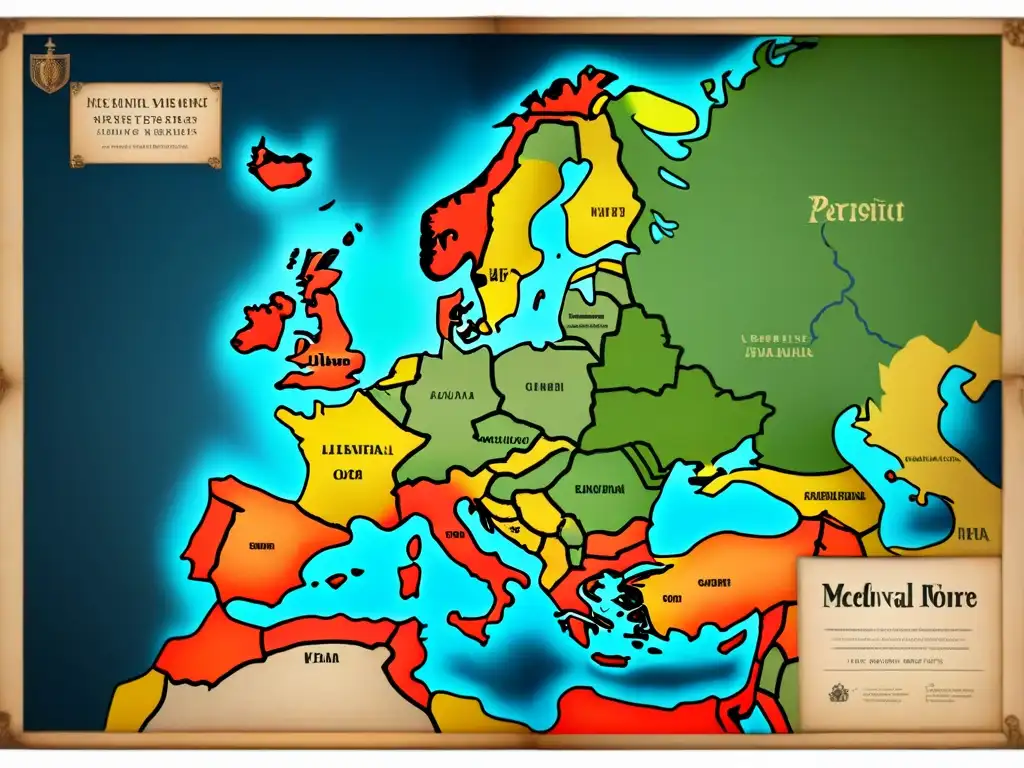 Mapa detallado de Europa medieval con migraciones y conexiones genealógicas entre apellidos medievales