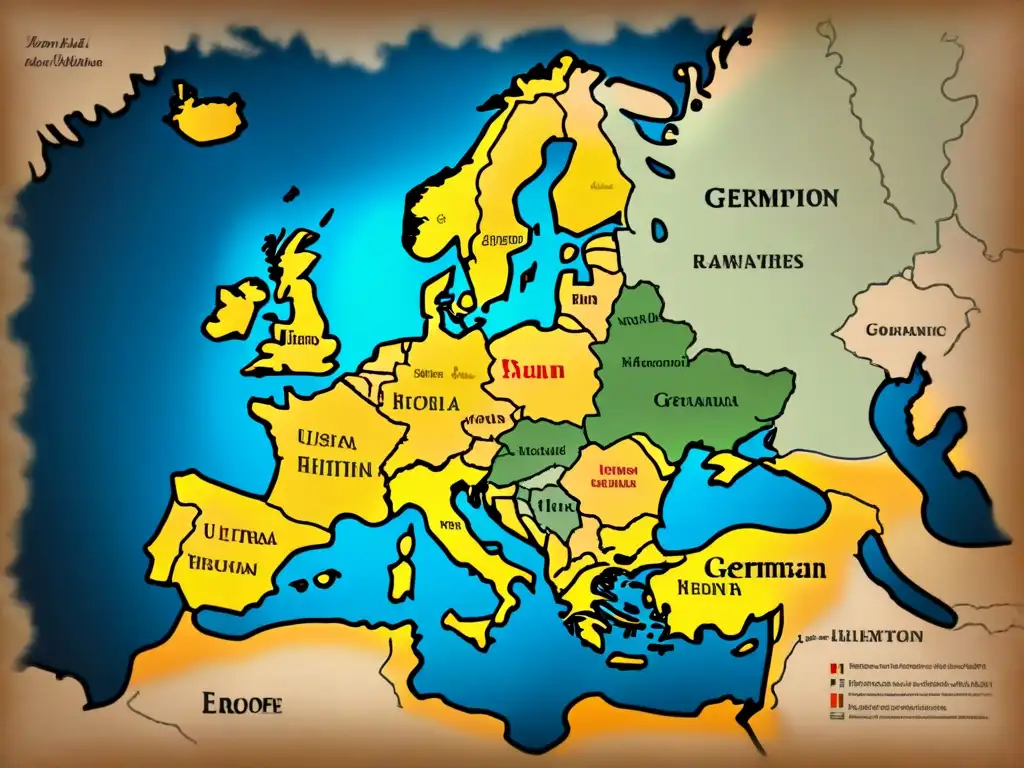 Mapa detallado de Europa con migraciones y conquistas de tribus germánicas, y caligrafía de apellidos alemanes