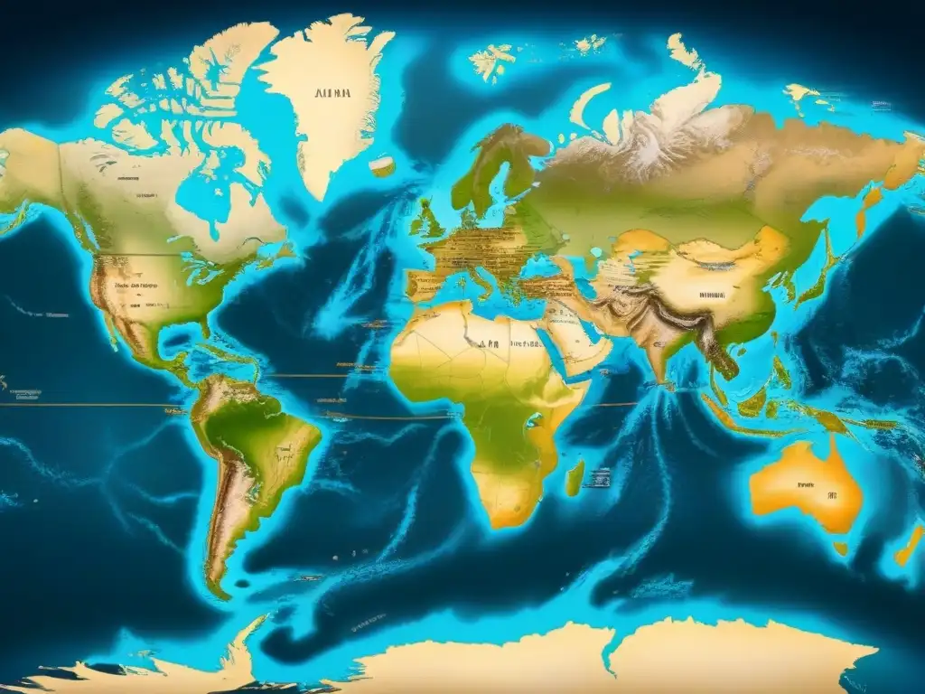 Mapa detallado de migraciones marítimas históricas, con símbolos náuticos antiguos y rutas de ancestros