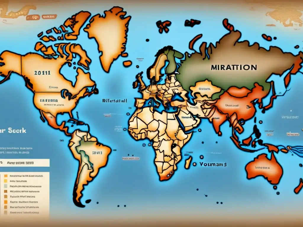 Mapa detallado de migraciones con tonos sepia, ilustrando rutas ancestrales