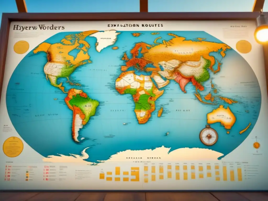 Mapa detallado 8k del Nuevo Mundo con rutas de exploración y estilo vintage Un mapa detallado del Nuevo Mundo con rutas de exploración, brújula y anotaciones en caligrafía elegante