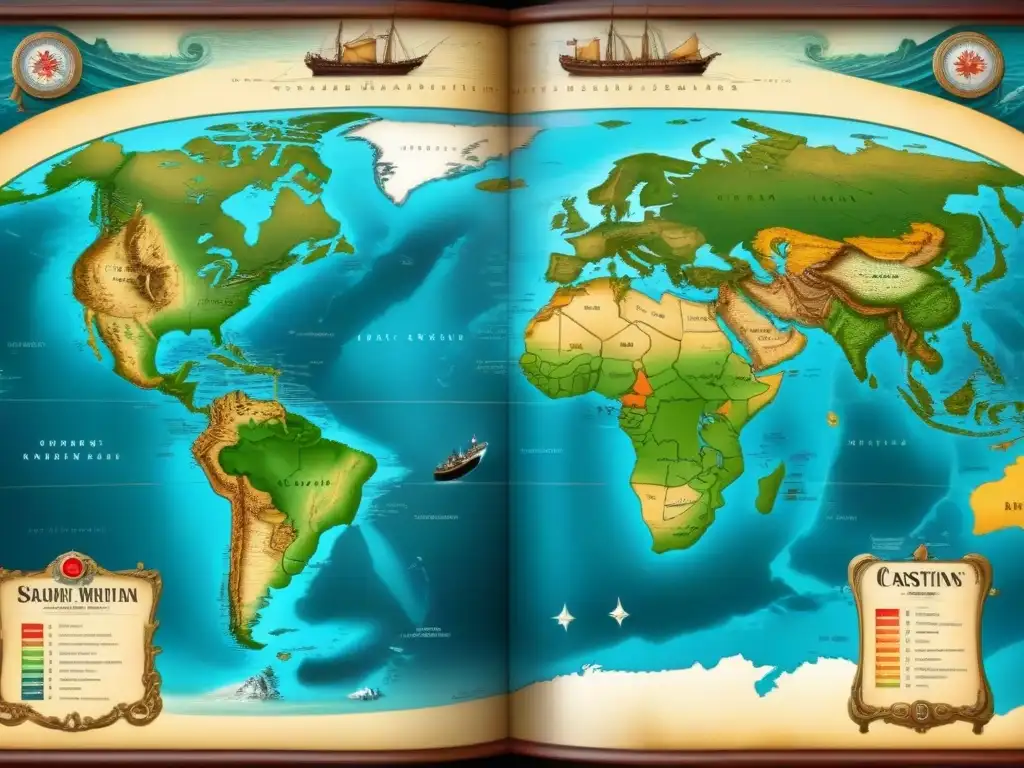 Mapa detallado mostrando el Océano Atlántico con ilustraciones de barcos y monstruos marinos