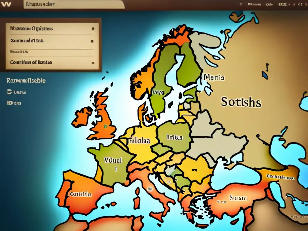 Mapa detallado de origen apellidos escoceses e irlandeses en Europa con tonos terrosos y textura de pergamino