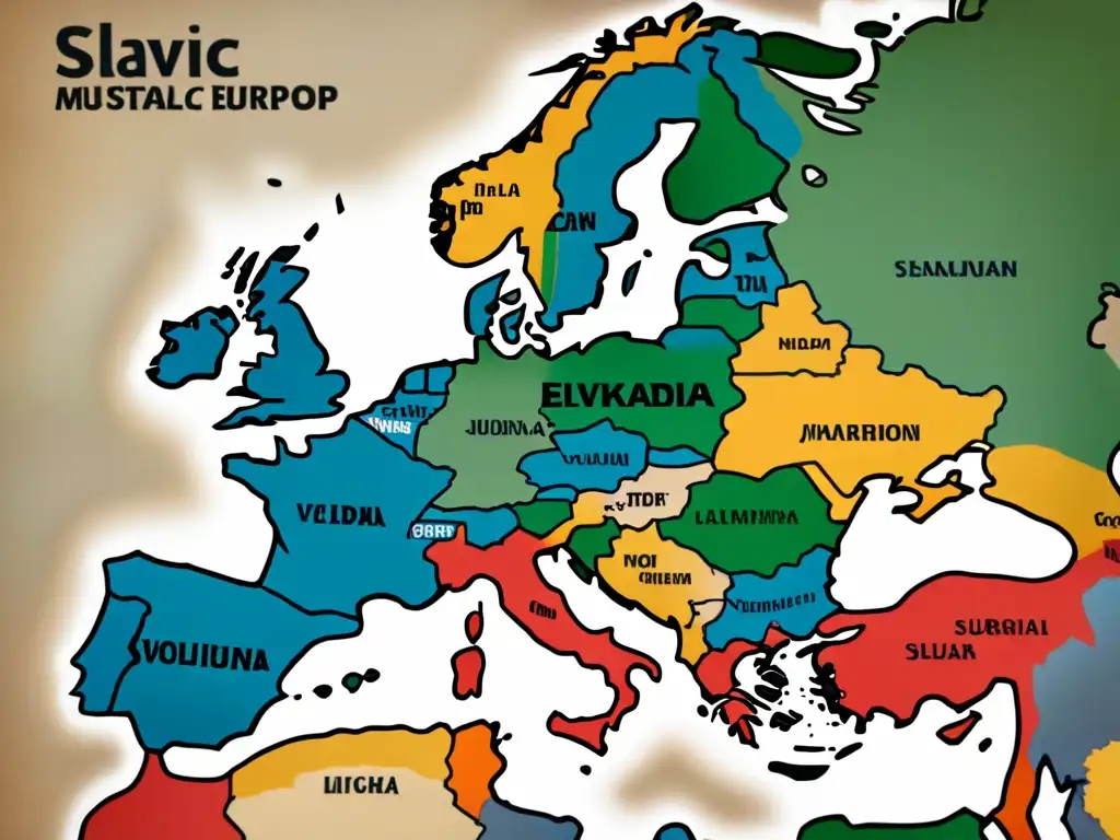 Mapa detallado mostrando el origen apellidos eslavos en Europa con ilustraciones culturales y tipografía histórica en tonos terrosos