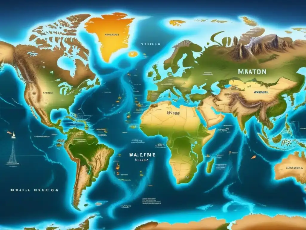 Mapa detallado de las principales rutas migratorias marítimas a lo largo de la historia, con encanto antiguo y tonos desgastados