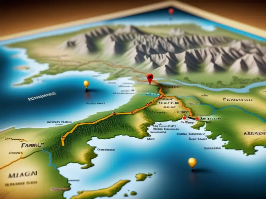 Mapa detallado de pueblos ancestrales con rutas y marcadores a mano, ideal para planificación visita lugares ancestros genealogía