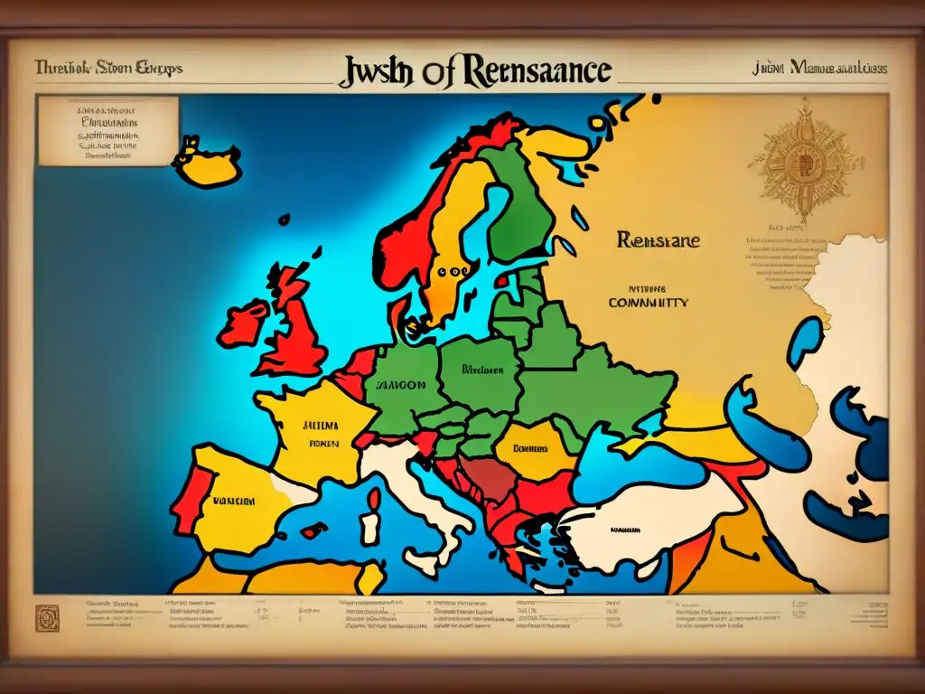 Mapa detallado de Europa renacentista con historia de comunidades judías y apellidos en tonos terrosos y caligrafía delicada