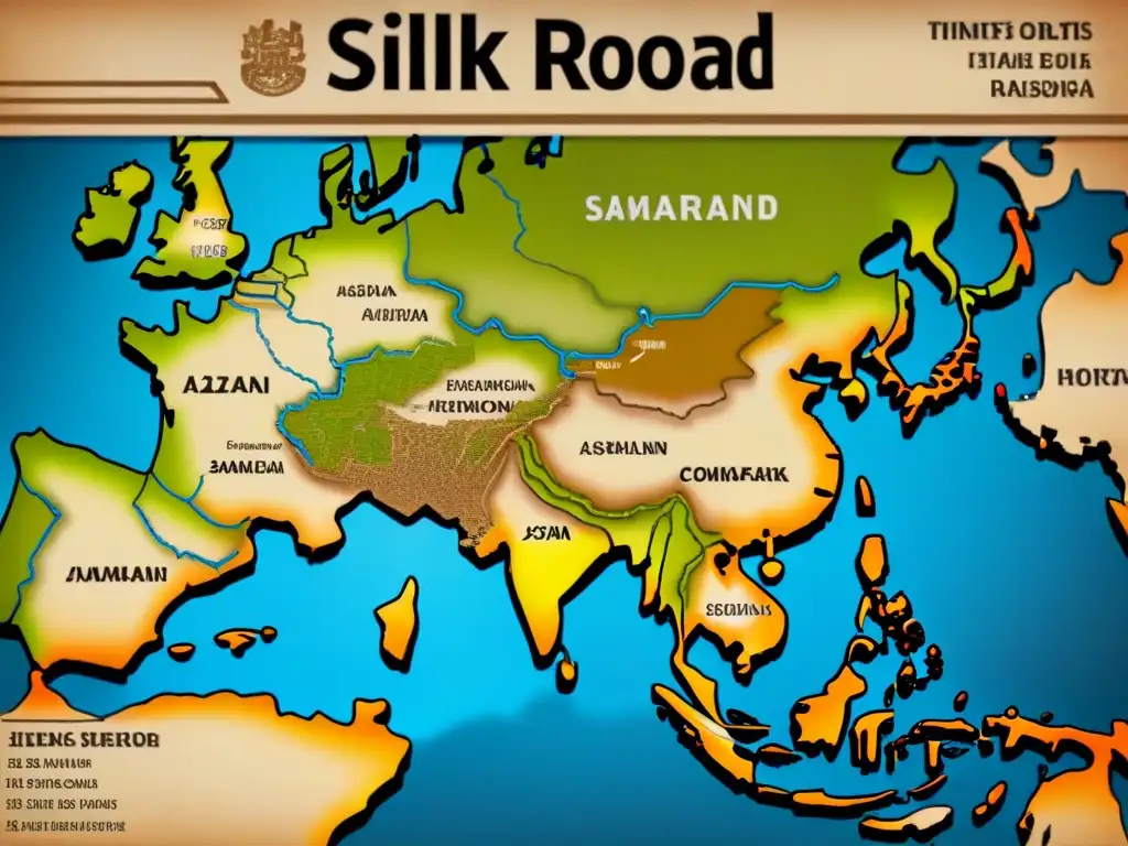 Mapa detallado de la Ruta de la Seda, destacando ciudades como Xi'an y Constantinopla en tonos sepia