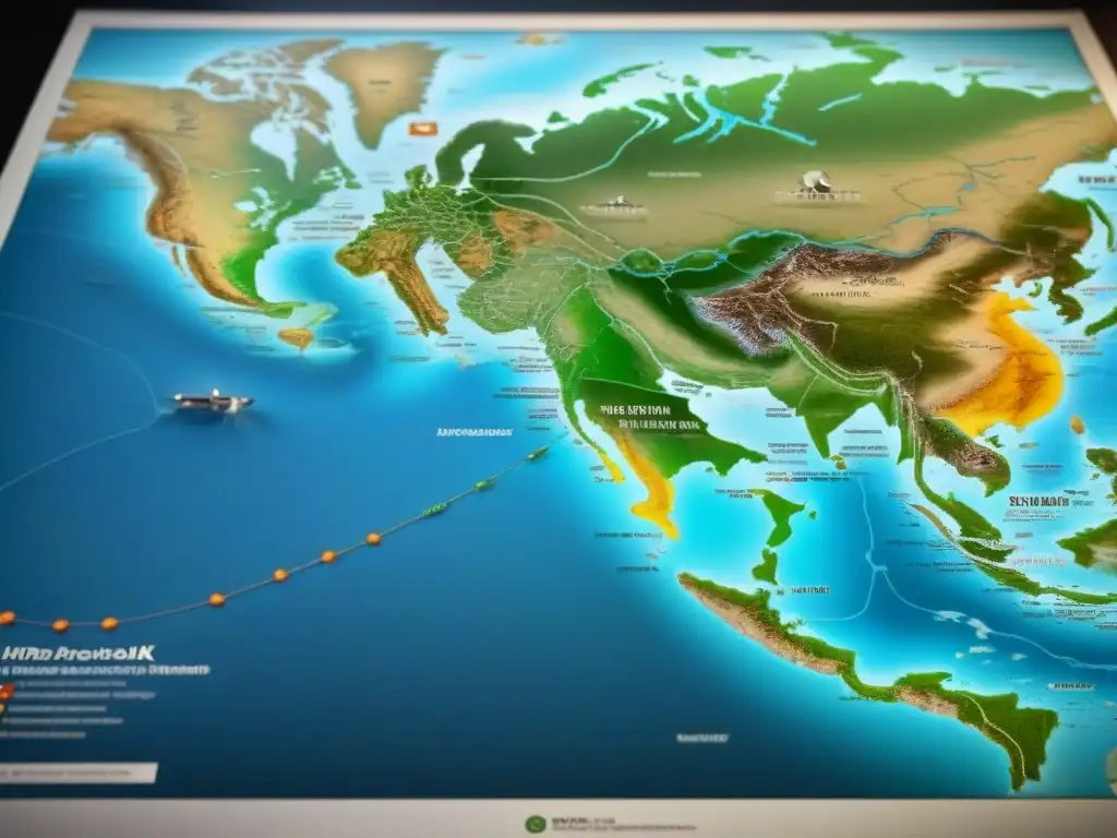 Mapa detallado de rutas de migración ancestral con símbolos culturales, historia de apellidos y genealogía