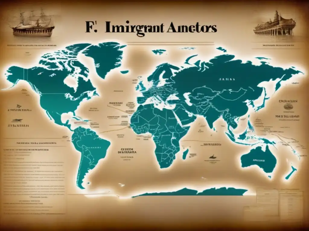 Mapa detallado con rutas de ancestros inmigrantes, nombres de familia en caligrafía, fotos sepia