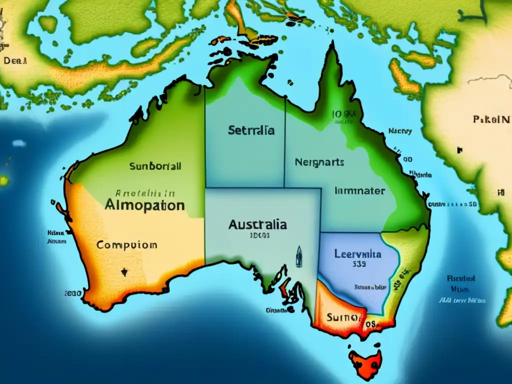 Mapa detallado de Australia mostrando rutas de colonos e inmigrantes a lo largo de la historia