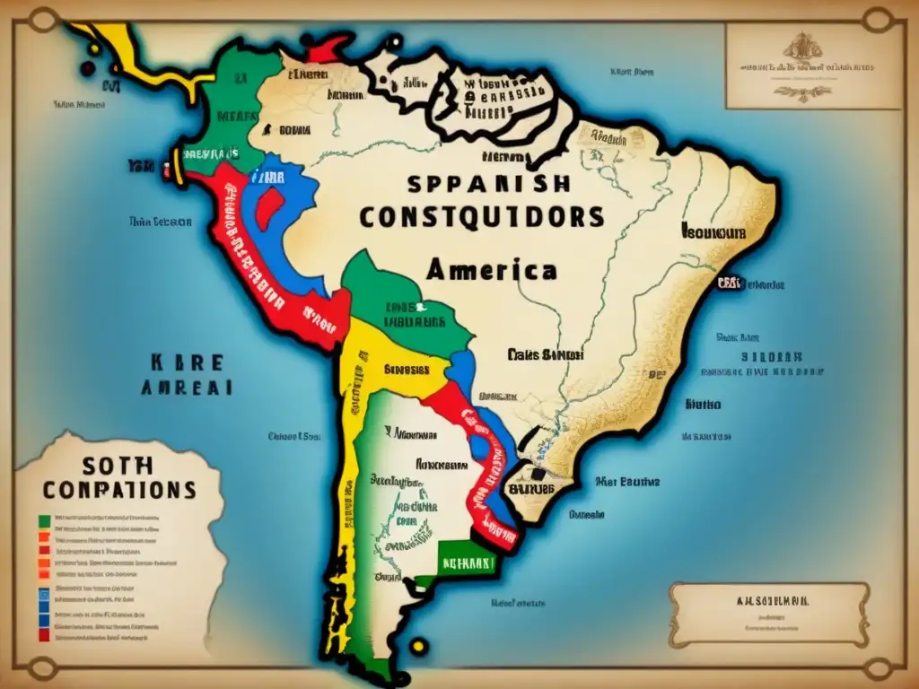 Mapa detallado de rutas de conquistadores españoles en América del Sur, con ilustraciones de sus descendientes